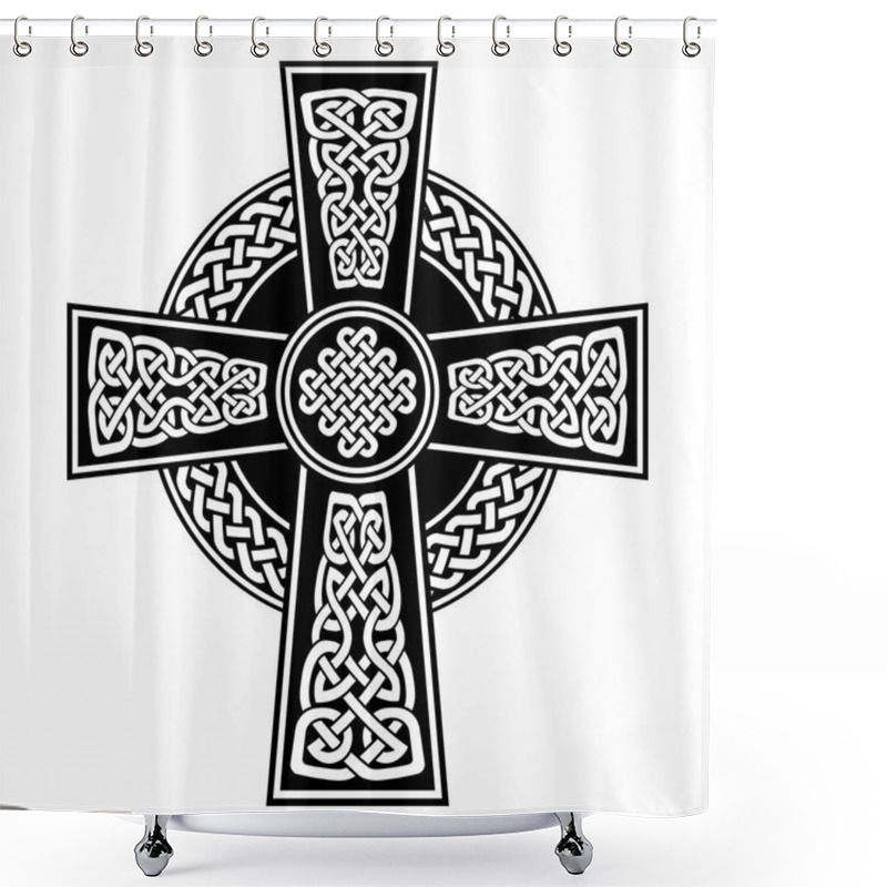 Personality  Celtic Style Cross With  Endless Knots Patterns In White And Black With Stroke Elements Inspired By Irish St Patrick's Day, And Irish And Scottish Carving Art Shower Curtains