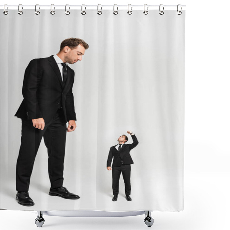 Personality  Businessman In Suit Looking At Marionette Showing Fist On Grey Background  Shower Curtains