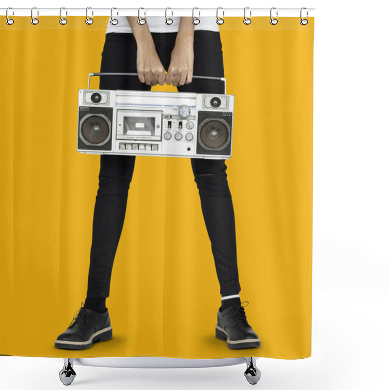 Personality  Person Holding Old Retro Radio Shower Curtains