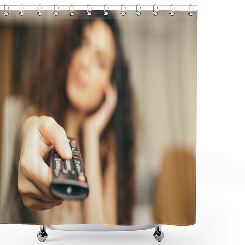 Personality  Girl Holding A TV Remote, Changing The Channel. Shower Curtains