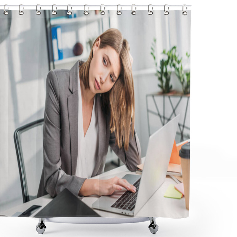 Personality  Tired Attractive Businesswoman Sitting Near Laptop In Office  Shower Curtains