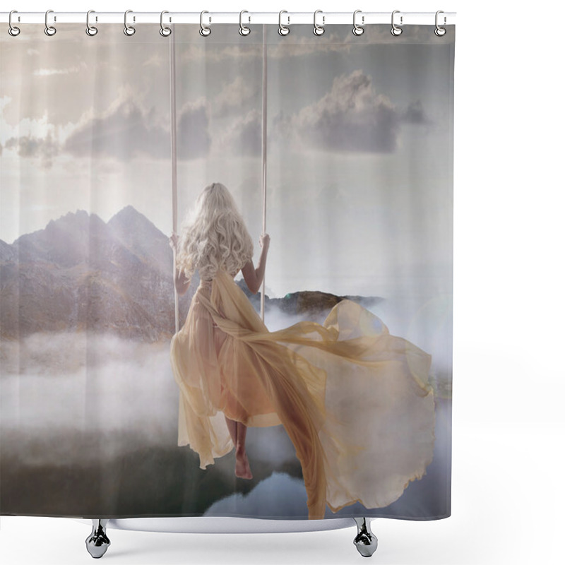 Personality  Attractive Lady Sitting On The Swing Above The Calm Lake Shower Curtains