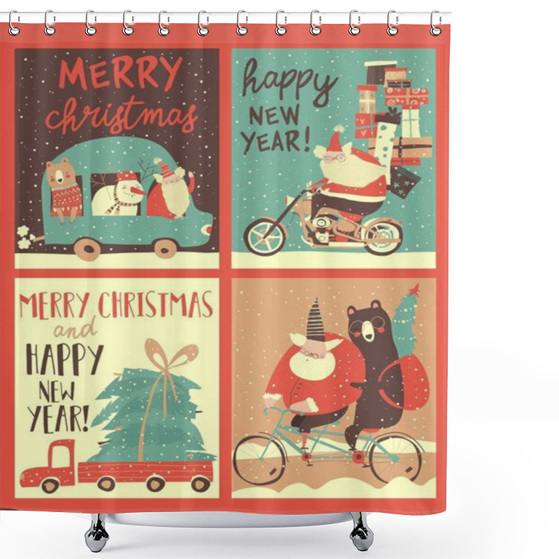 Personality  Set Of Christmas Cards With Santa S Transportation Shower Curtains