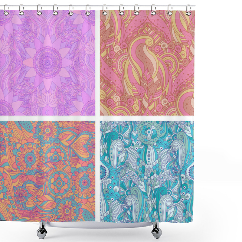 Personality  Set Of Seamless Backgrounds. Gypsy, Ethnic Oriental Boho Design, Indian Asian Or Arabic Motifs, Hippie, Arabesque, Tiled Floral Vector Patterns. Mandalas And Lotus Flower. Shower Curtains