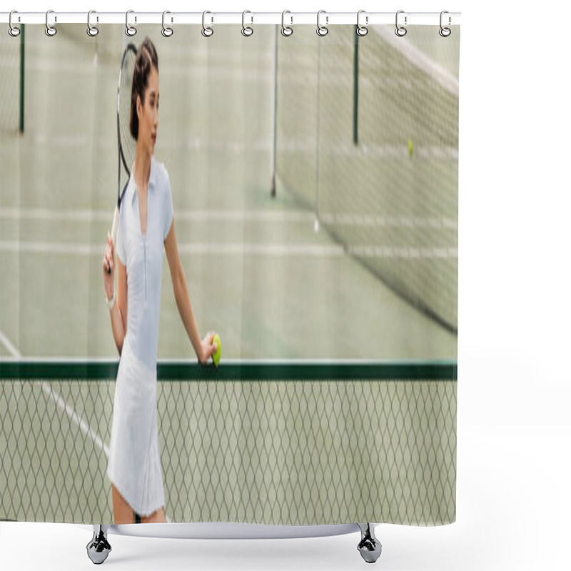 Personality  Sportswoman In White Active Wear Holding Ball And Racket While Standing Near Tennis Net, Banner Shower Curtains