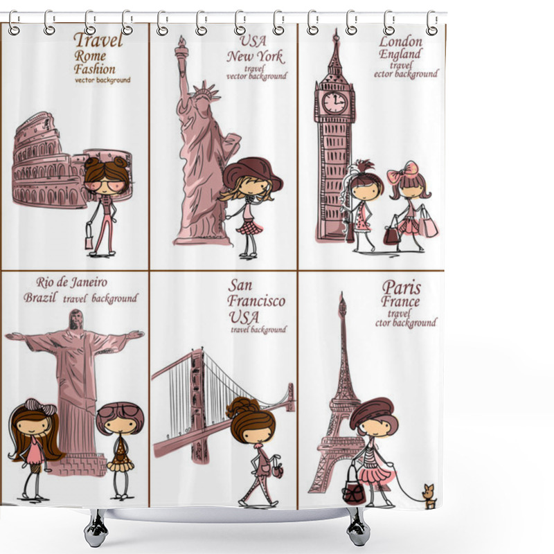 Personality  Fashion Cartoon Girl Travels The World, Vector Background Shower Curtains