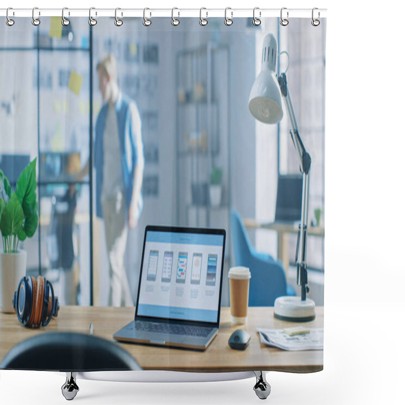 Personality  Shot Of Laptop Standing At Desk In The Creative Office. Notebook Screen Shows Mobile Phone Application Design, Software UI Development. In Background Young Professional Stans In Creative Modern Office Shower Curtains