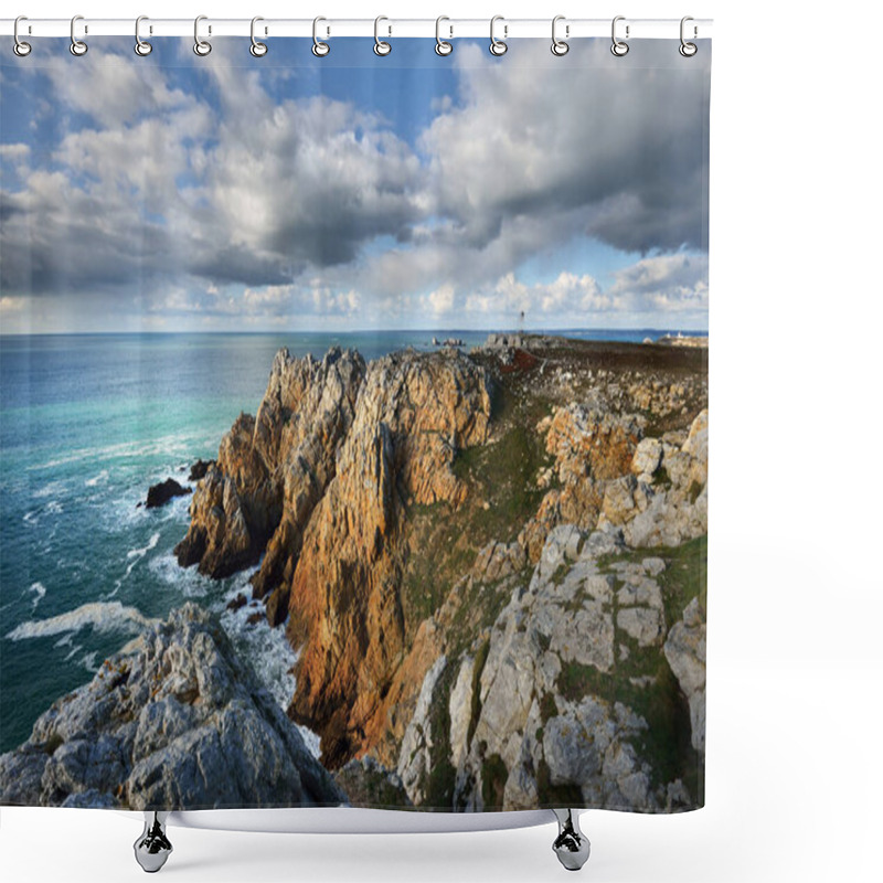 Personality  Aerial View Of The Rocky Shore Of Pointe De Pen-Hir, Cliffs Close-up. Cloudy Blue Sky, Azure Water, Stormy Waves. Dramatic Cloudscape. Crozon Peninsula, Brittany, France Shower Curtains