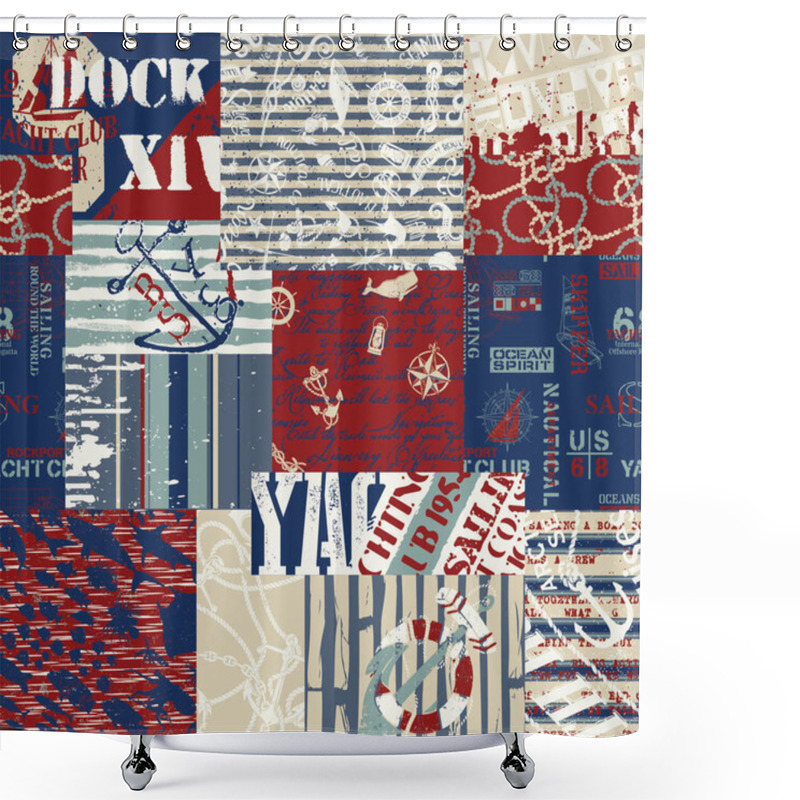 Personality  Vintage Nautical Style Marine Sailing Elements Patchwork Grunge Vector Seamless Pattern Shower Curtains