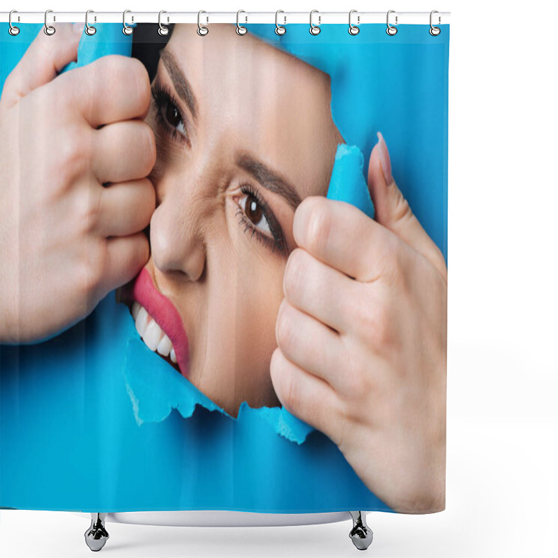 Personality  Woman With Pink Lips And Smoky Eyes Touching And Biting Ripped Blue Paper Across Hole Shower Curtains