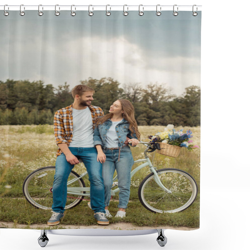 Personality  Smiling Lovers With Retro Bicycle Looking At Each Other In Field With Wild Flowers Shower Curtains