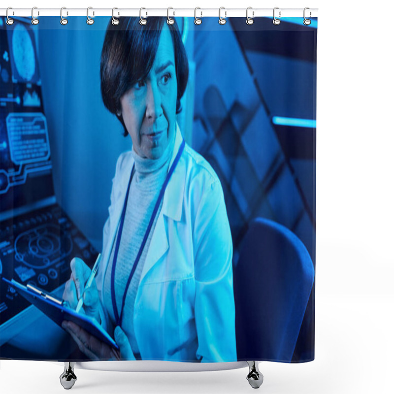 Personality  Futuristic Expertise: Senior Woman Scientist Records Data And Contemplates In Future Science Center Shower Curtains