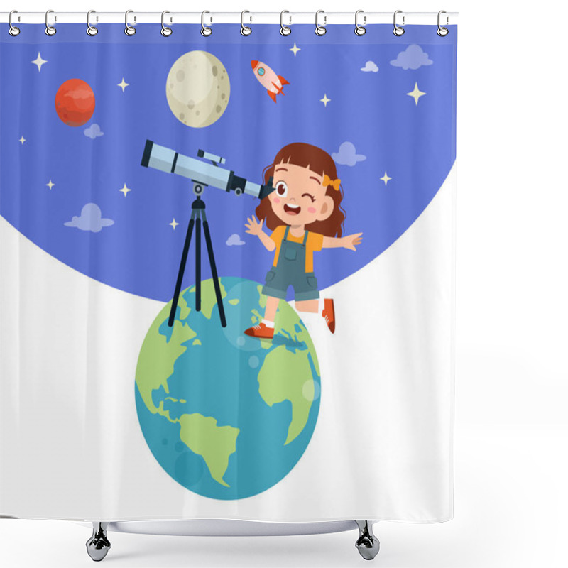 Personality  Happy Kid Study Astronomy Telescope Shower Curtains