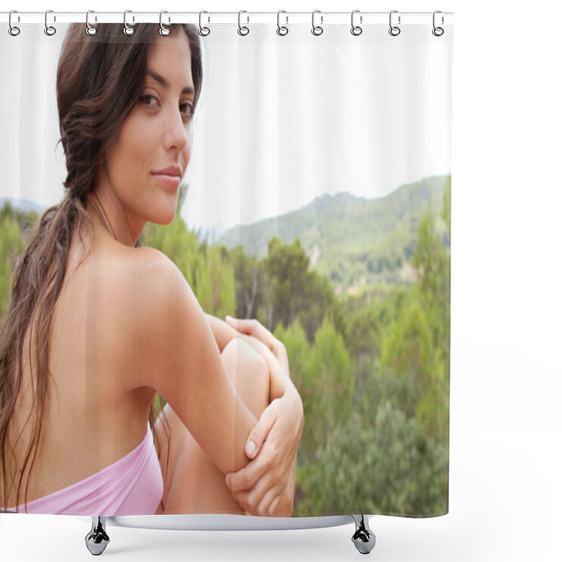 Personality  Young Woman Relaxing In The Forest Mountains Shower Curtains