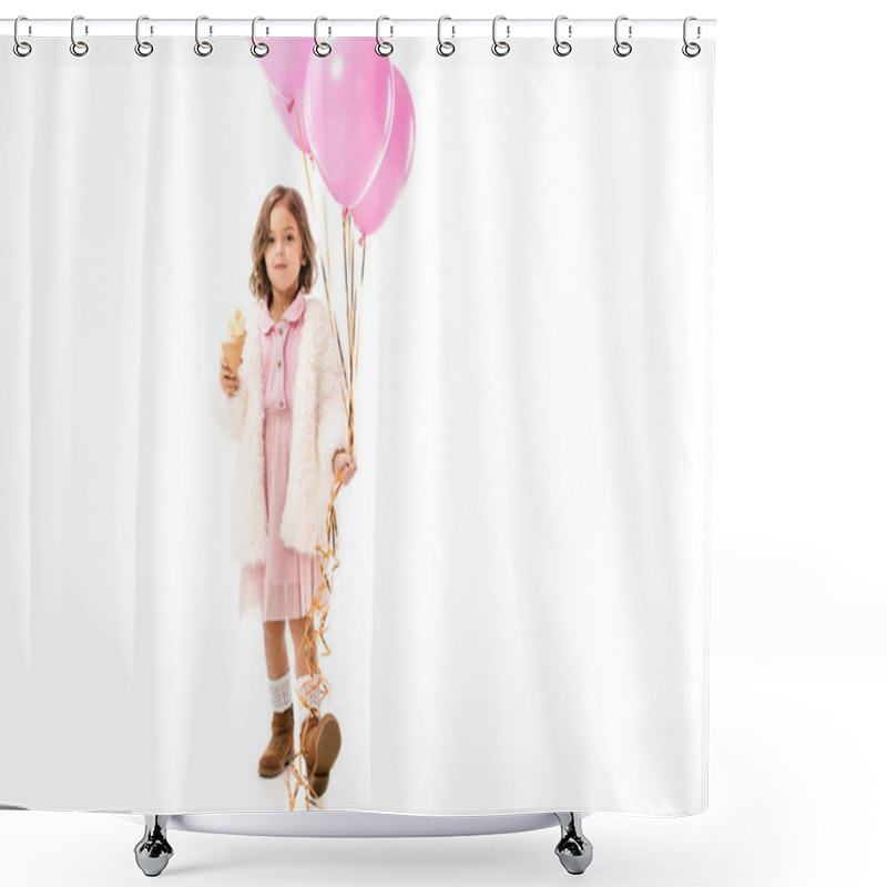 Personality  Beautiful Stylish Child With Pink Air Balloons And Ice Cream Isolated On White Shower Curtains