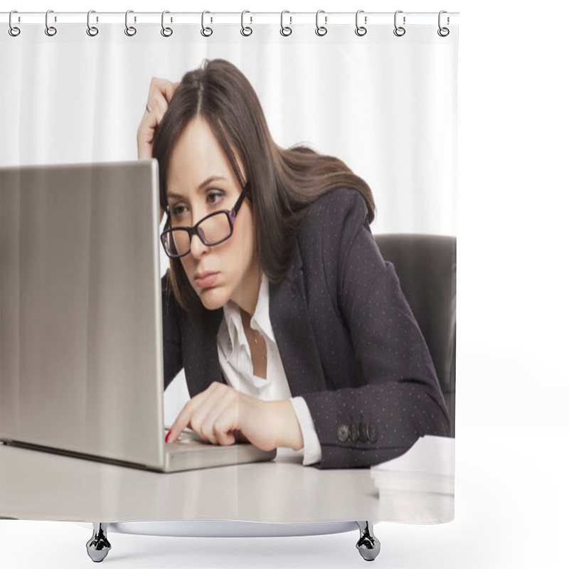 Personality  Young Tired Business Woman Working At A Desk With A Laptop Shower Curtains