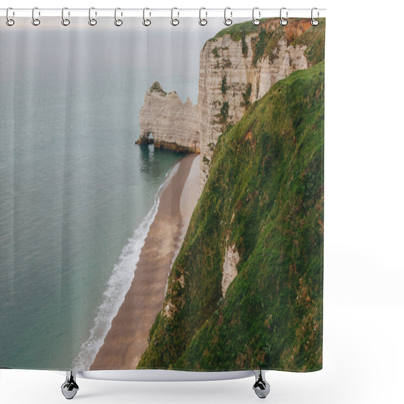 Personality  Aerial View Of Scenic Rocky Cliff With Green Grass On Foreground At Etretat, France Shower Curtains