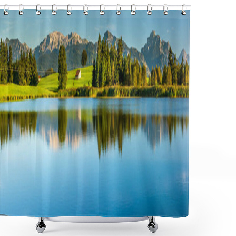 Personality  Panoramic Landscape With Alps Mountain Range At Springtime Shower Curtains