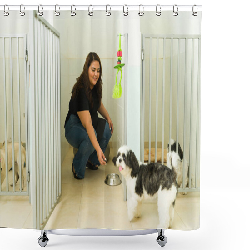 Personality  Excited Woman Worker Smiling While Giving Food And Snacks To A Shih Tzu Dog In Her Cage While Staying At The Pet Hotel Shower Curtains