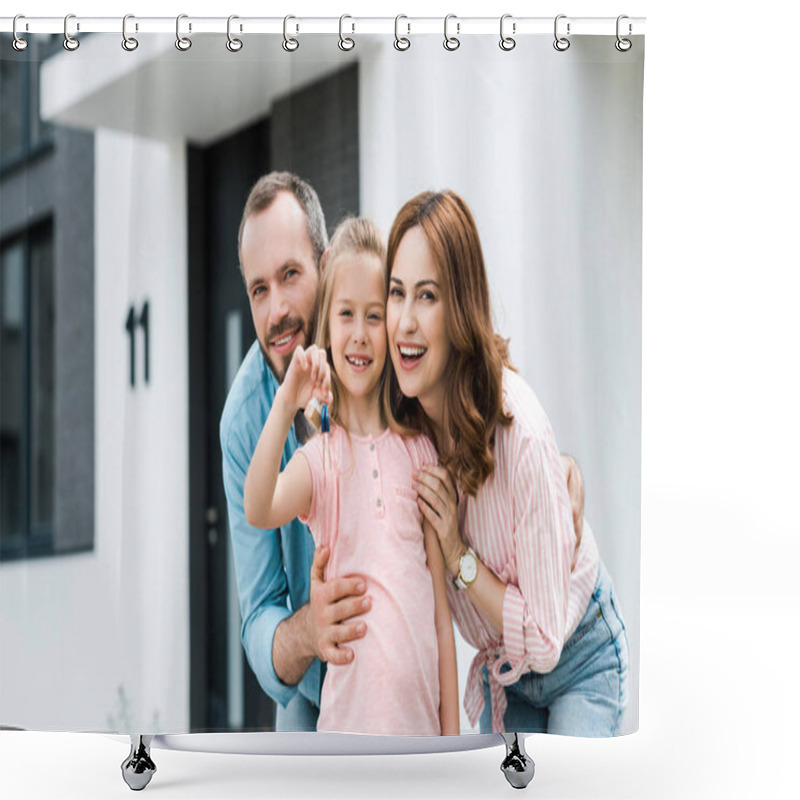 Personality  Happy Kid Holding Key Near Mother And Father While Standing Near House And Sign With Sold Letters  Shower Curtains