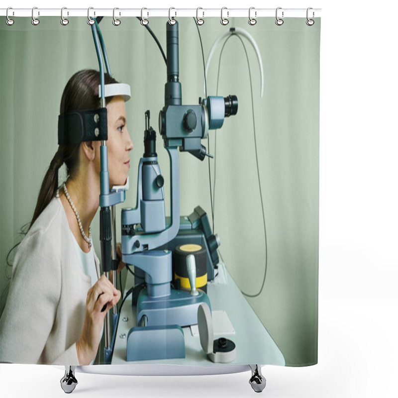 Personality  Female Patient Checking Her Vision. Shower Curtains