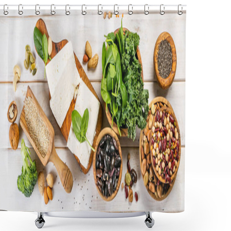 Personality  Selection Of Vegan Plant Protein Sources - Tofu, Quinoa, Spinach, Broccoli, Chia, Nuts And Seeds, Wood Background Shower Curtains