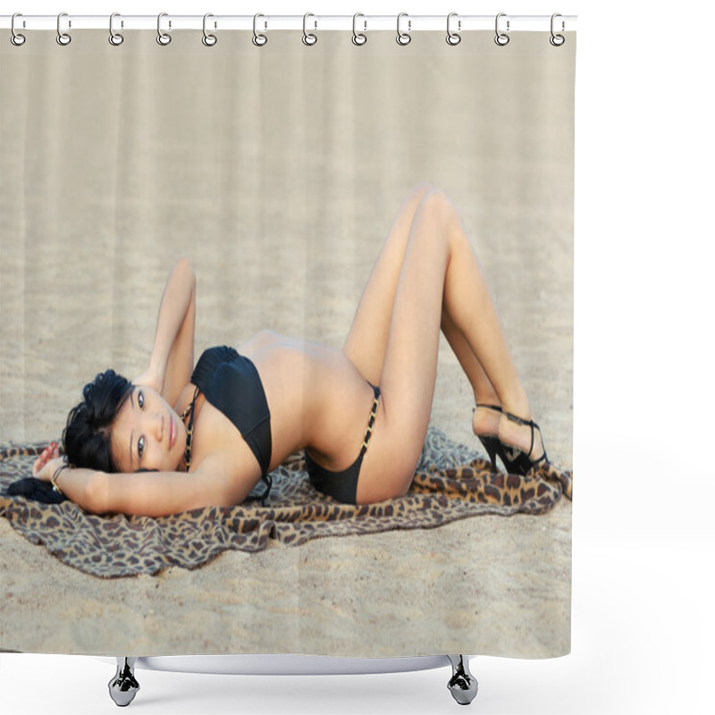 Personality  Sexy Asian Woman Rest On Sandy Beach Shower Curtains