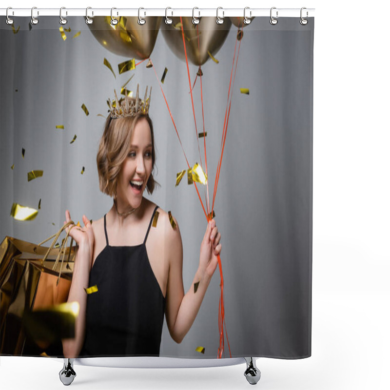 Personality  Happy Plus Size Woman In Slip Dress And Crown Holding Balloons And Shopping Bags Near Confetti On Grey  Shower Curtains