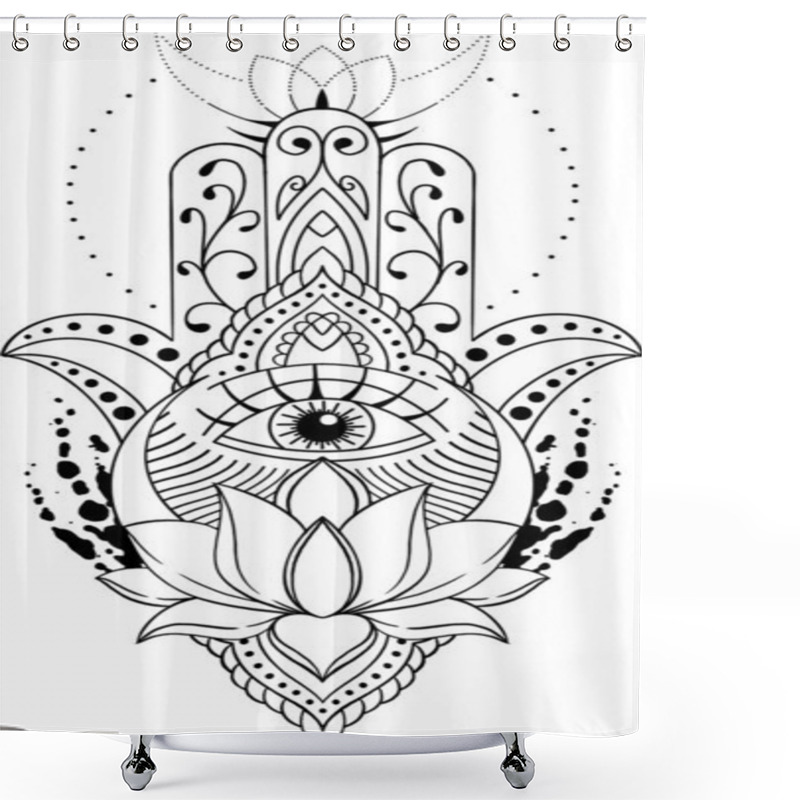 Personality  Hamsa Hand Symbol Illustration With Lotus Flower. Decorative Pattern In Oriental Style For Tattoo And Henna Drawing. Shower Curtains