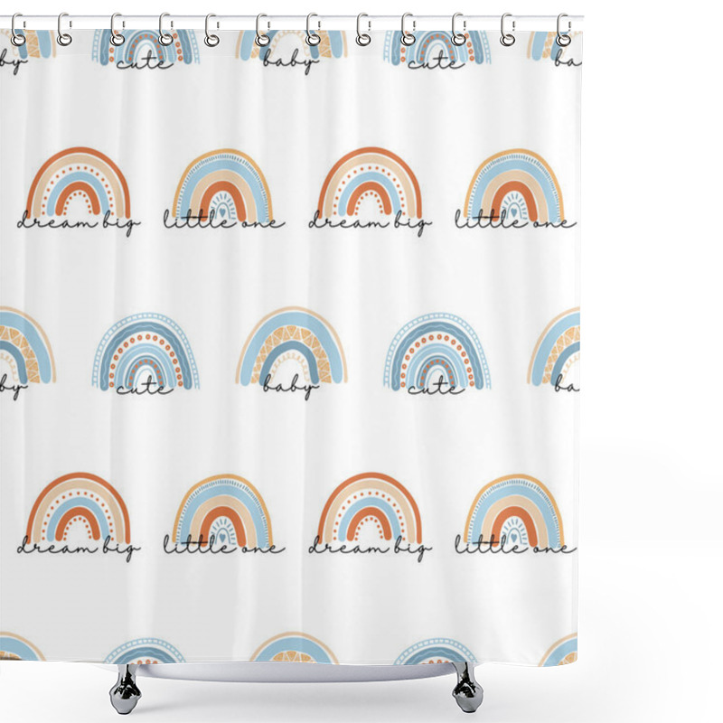 Personality  Seamless Pattern Of Hand Drawn Boho Rainbow In Pastel Blue And Neutral Beige Colors On White Background, Vector Illustration Shower Curtains