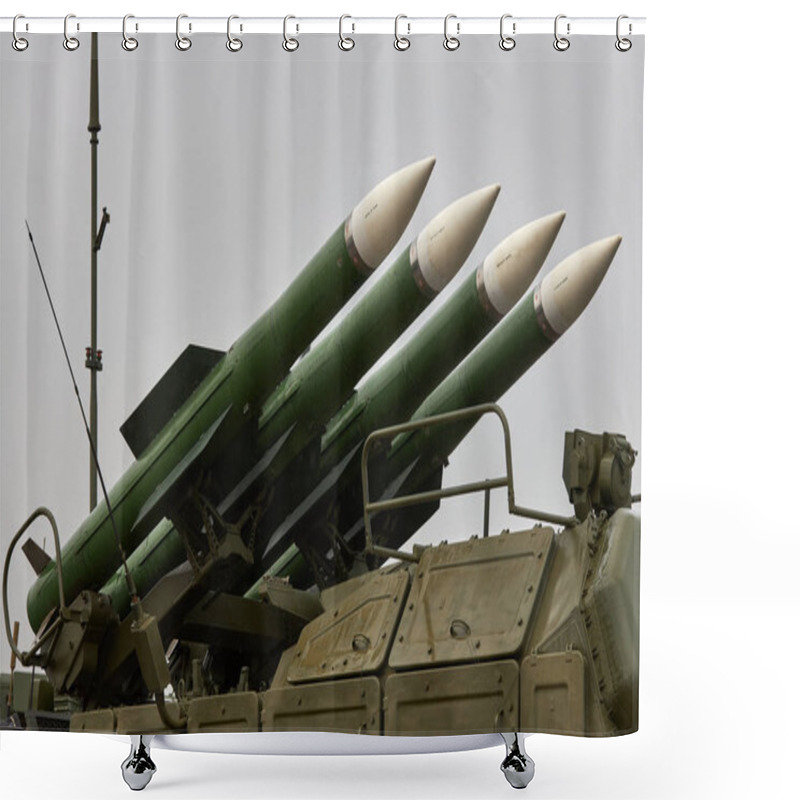 Personality  SAMBEK, ROSTOV REGION, RUSSIA, JUNE 28, 2019: International Military Technical Forum ARMY-2019. Missiles Of The Russian Self-propelled Medium-range Surface-to-air Missile System  Buk-M2 Shower Curtains