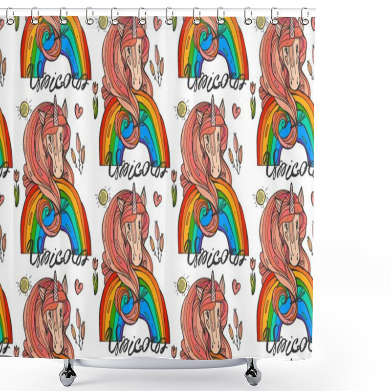 Personality  Cute Seamless Pattern With Rainbow Unicorns In The Clouds. Vector Illustration. Shower Curtains