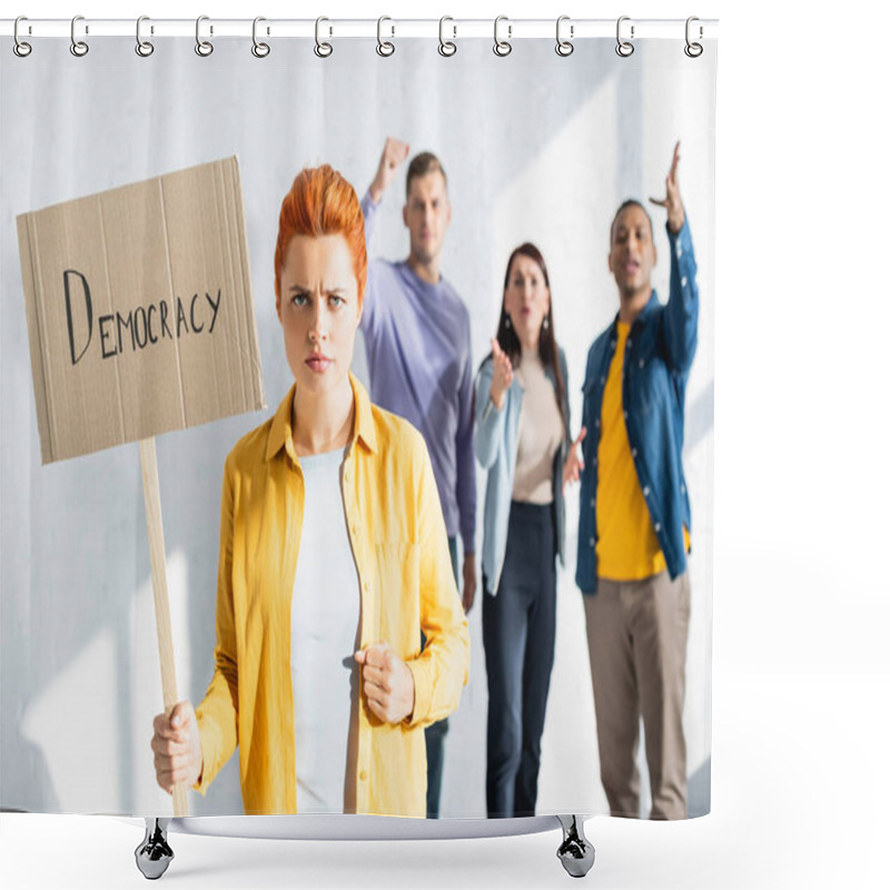 Personality  Angry Woman Holding Placard With Democracy Inscription While Irritated Multicultural People Gesturing On Blurred Background Shower Curtains