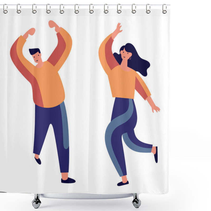 Personality  Two People Dancing Joyfully With Arms Up, Male And Female Happy Dancers. Casual Clothing, Fun Activity, Joyful Mood Vector Illustration. Shower Curtains