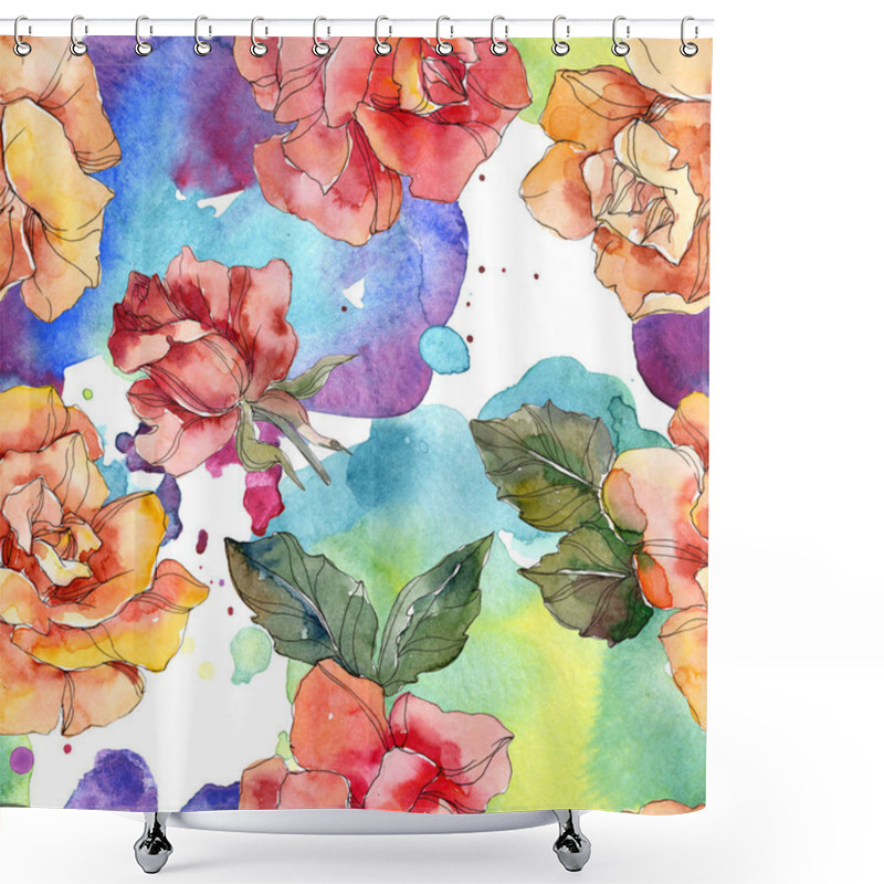 Personality  Orange And Red Rose Floral Botanical Flower. Wild Spring Leaf Isolated. Watercolor Illustration Set. Watercolour Drawing Fashion Aquarelle. Seamless Background Pattern. Fabric Wallpaper Print Texture. Shower Curtains