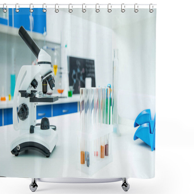 Personality  Microscope And Test Tubes In Laboratory Shower Curtains