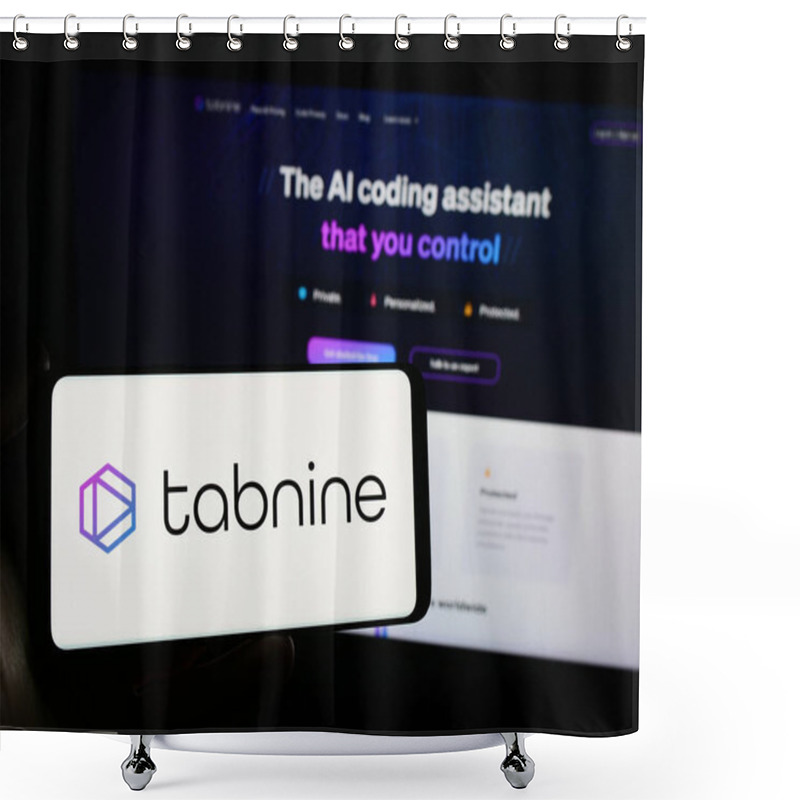 Personality  Stuttgart, Germany - 03-08-2024: Person Holding Smartphone With Logo Of Israeli AI Coding Company Tabnine Ltd. In Front Of Website. Focus On Phone Display. Shower Curtains