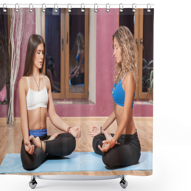 Personality  Two Young Girls Doing Yoga On Mat  Indoors Shower Curtains