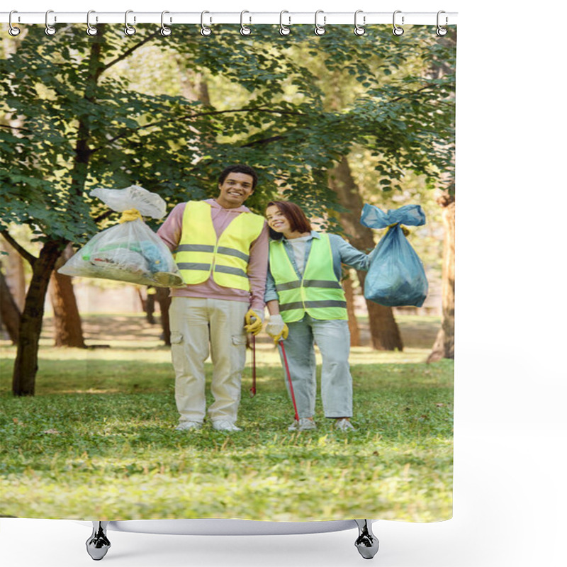 Personality  A Socially Active Diverse Loving Couple In Safety Vests And Gloves Cleaning A Park Together, Holding Bags Of Garbage. Shower Curtains