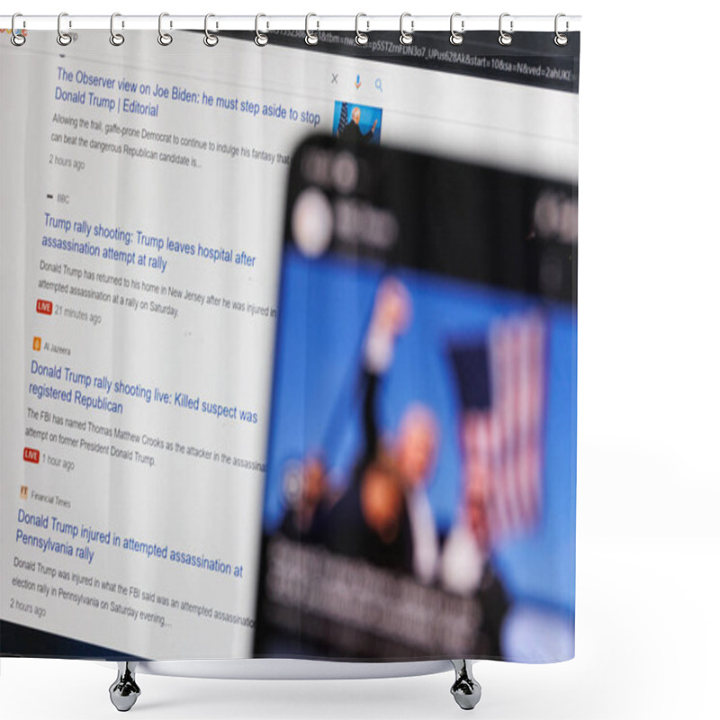 Personality  Donald Trump Rally Shooting Shown On Google News Page Displayed On Smartphone Screen. High Quality Photo Shower Curtains