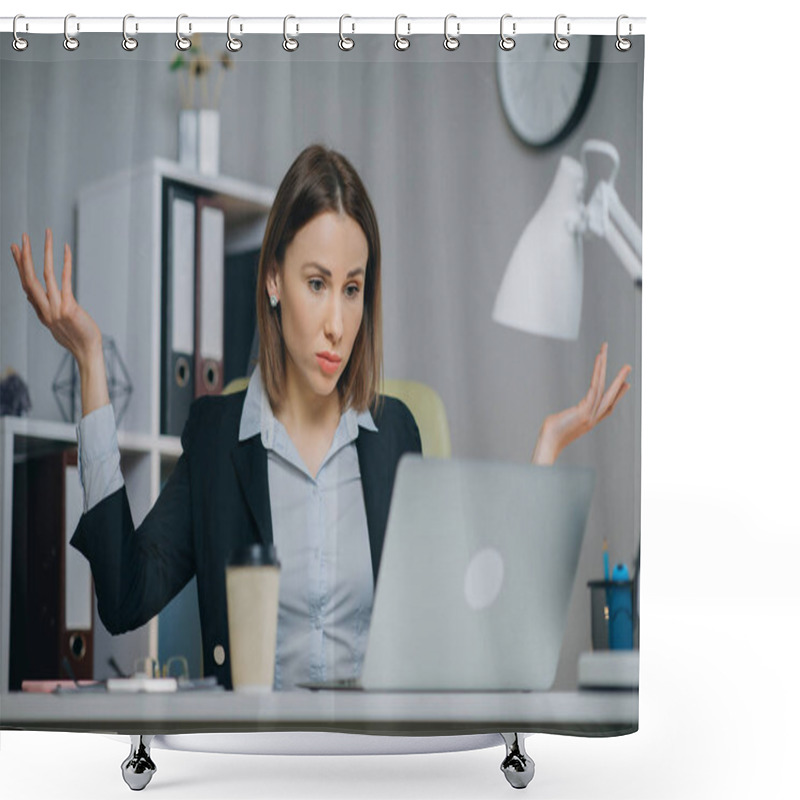 Personality  Business Woman Reading Bad News On Laptop Computer At Coworking Space. Upset Woman Closing Down Laptop In Office. Tired Woman Breathing Deep At Workplace. Business Woman Doing Yoga Exercise. Shower Curtains