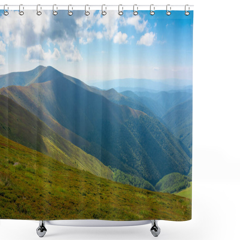 Personality  Hills And Meadows Under The Blue Sky With Clouds. Hills And Meadows Under The Blue Sky With Clouds. Mountain Landscape In Late Summer On A Sunny Day. Beautiful Scenery In August. Shower Curtains