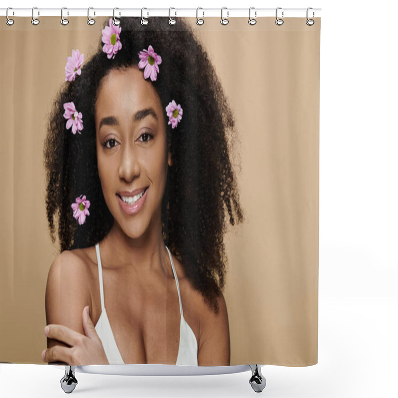 Personality  A Beautiful African American Woman With Natural Makeup And Flowers In Her Hair, Smiling Against A Beige Background. Shower Curtains