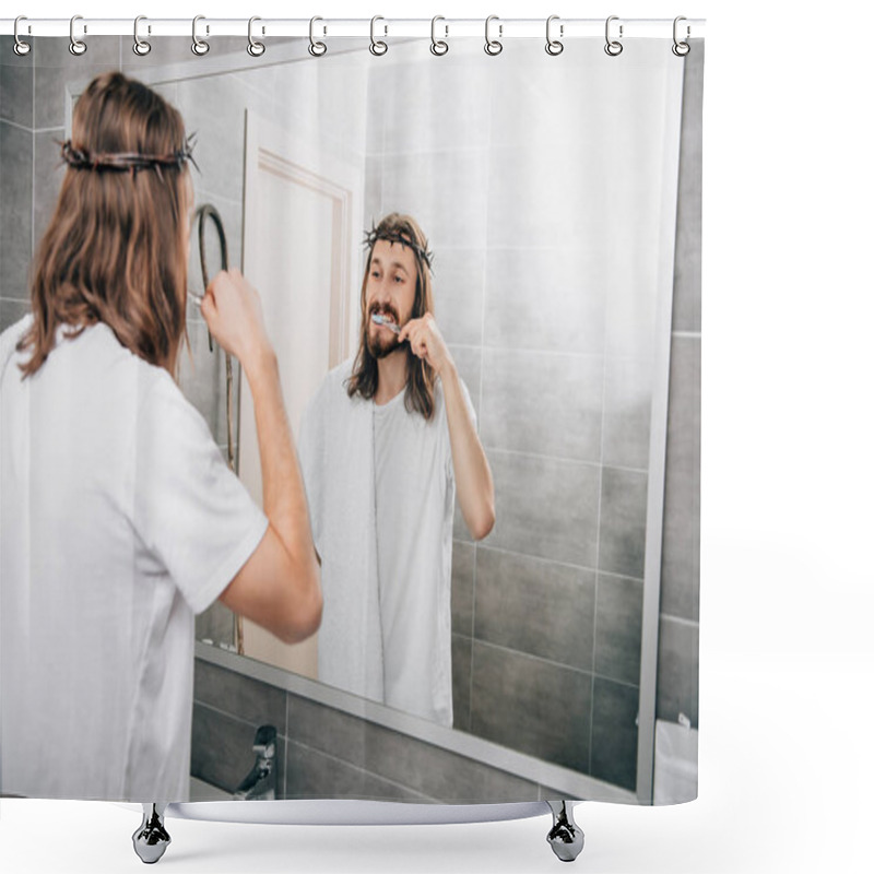 Personality  Rear View Of Jesus With Towel Over Shoulder Brushing Teeth In Bathroom  Shower Curtains