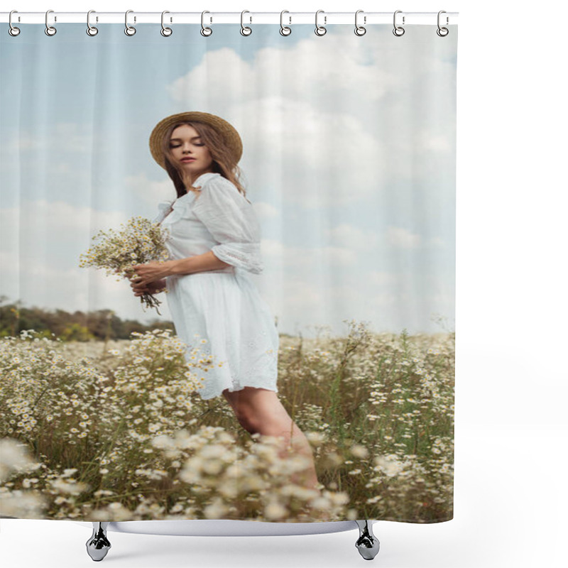 Personality  Pretty Woman In White Dress With Bouquet Of Wild Camomile Flowers On Meadow Shower Curtains