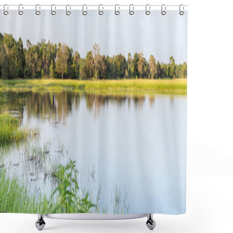 Personality  Beautiful Serene Lake Landscape Scenery Panorama Photograph. Shower Curtains