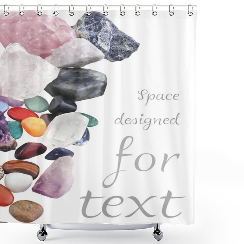 Personality  Cropped Composition Of Various Crystals On White Background Shower Curtains