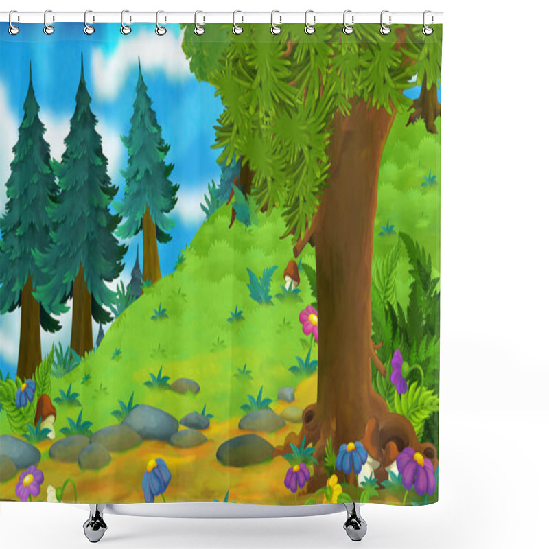 Personality  Cartoon Summer Scene With Path In The Forest - Nobody On Scene - Illustration For Children Shower Curtains