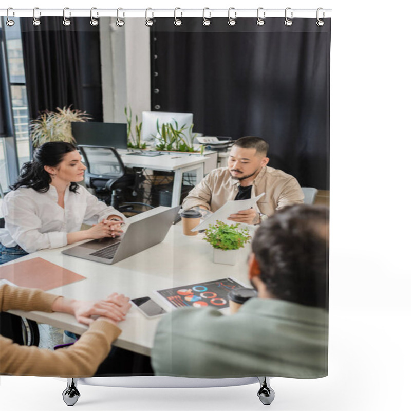 Personality  Asian Man Showing Graphs To Team Leader Sitting At Working Desk Near Interracial Colleagues Shower Curtains