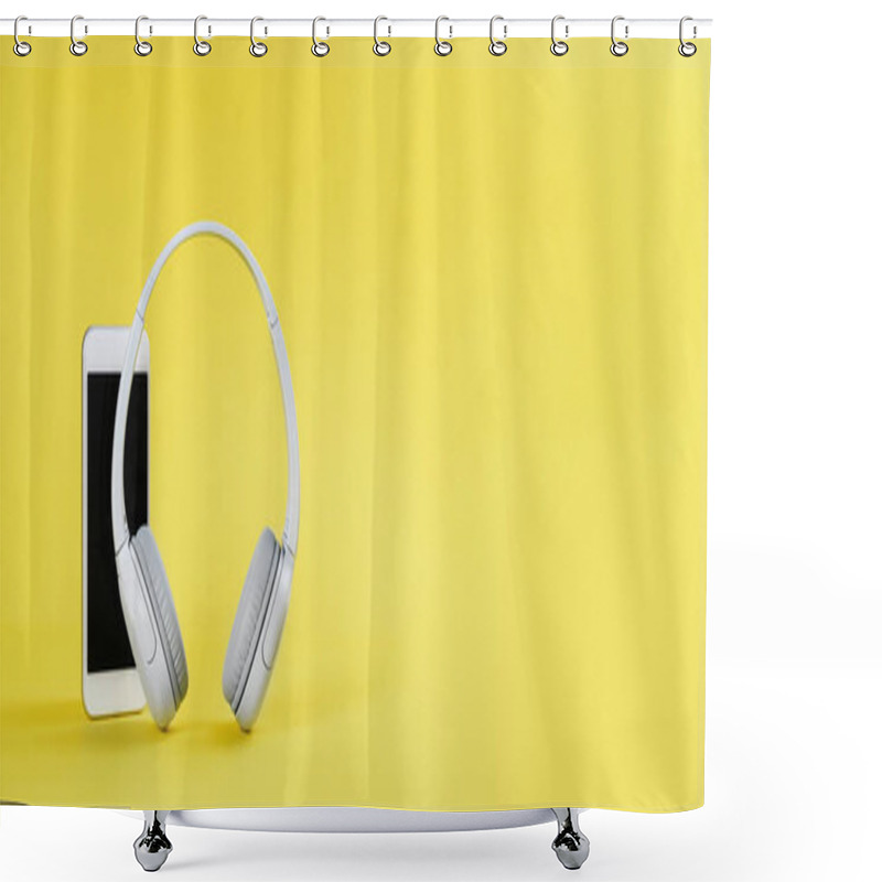 Personality  Wireless Gray Headphones With Mobile On Illuminating Yellow Background Shower Curtains